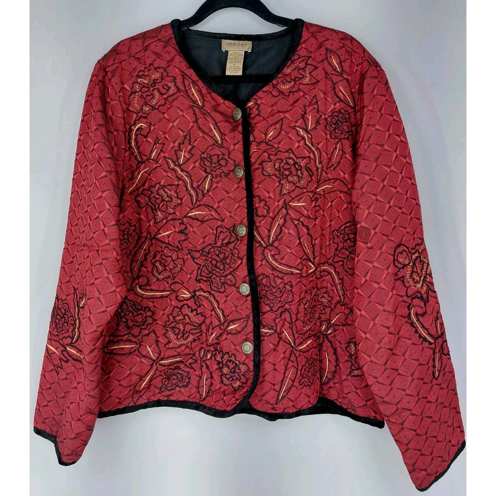 Vintage Choices Brocade Embroidered Jacket Womens Large Button Front Red Black